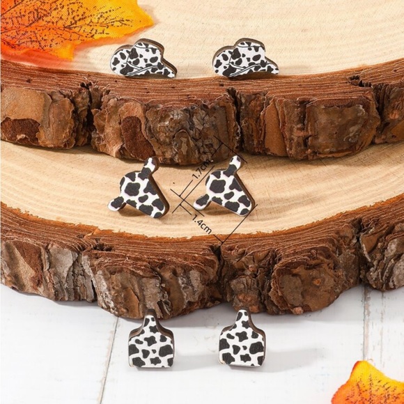 3 Packs (3 pair per pack) Western Cowboy Style Black & White Cow Print Earrings - Picture 2 of 3